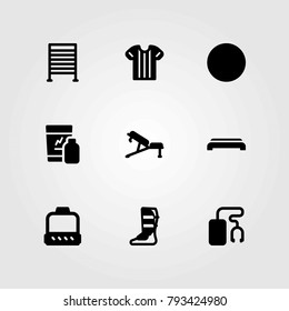 Fitness vector icons set. shinpad, shakes and gym step