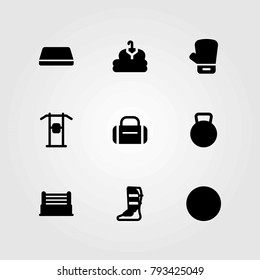 Fitness vector icons set. shinpad, clothing and glove