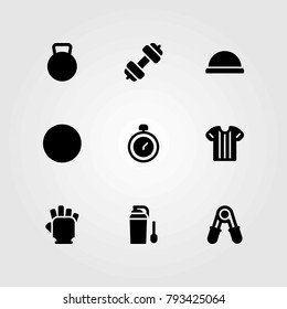 Fitness vector icons set. shirt, ball and gloves