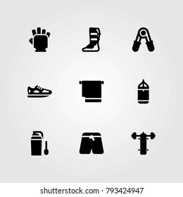Fitness vector icons set. shoes, punching and shinpad