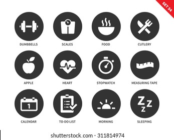 Fitness vector icons set. Sport and exercising consept. Healthy lifestyle items, dumbbells, food, apple, heart, calendar, sleeping, scales, measuring tape. Isolated on white background