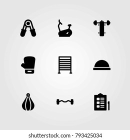 Fitness vector icons set. stationary bike, boxing and bosu ball