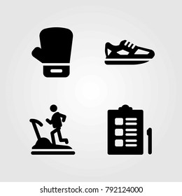 Fitness vector icons set. treadmill, shoes and checklist