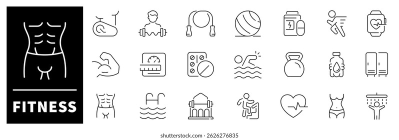Fitness vector icons. Fitness thin line icons collection. Fitness, exercise, workout, training, sport related icons