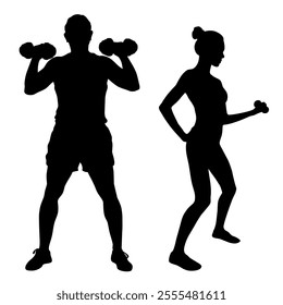 Ilustración vectorial de fitness. Hombre y mujer practicando ejercicios deportivos con mancuernas. Siluetas de Vector de la gente de la aptitud aislada en el fondo blanco. Estilo de vida saludable.