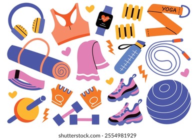 Fitness vector illustration set, gym equipment and female accessories. Dumbbells, sneakers, yoga mat, water bottle, smartwatch, towel, resistance band, and foam roller in cartoon flat style