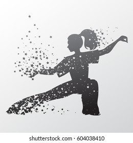 Fitness vector illustration with woman silhouette of star particles. Abstract design for print on t-shirts and bags, logo or banner.