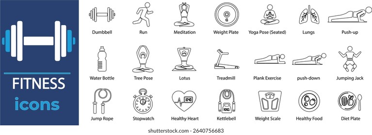 Fitness vector line art set—gym, workout, exercise, bodybuilding, active lifestyle, healthy living, training.