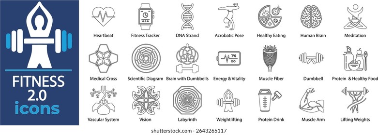 Fitness Vector Line Icons. Containing fitness, gym, workout, exercise, training, health, body, wellness, sport, cardio, yoga, pilates and more. Solid Vector Line Icons collection.