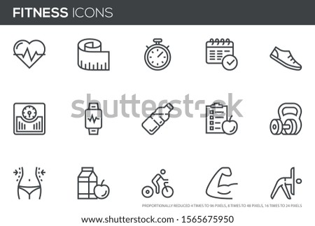 Fitness Vector Line Icons Set. Healthy Lifestyle, Sport, Diet, Workout. Editable stroke. Perfect pixel icons, such can be scaled to 24, 48, 96 pixels.
