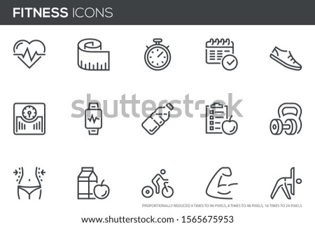 Fitness Vector Line Icons Set. Healthy Lifestyle, Sport, Diet, Workout. Editable stroke. Perfect pixel icons, such can be scaled to 24, 48, 96 pixels.