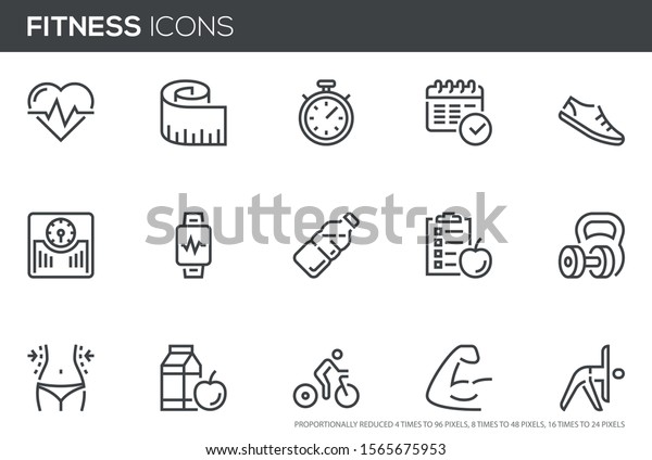Fitness Vector Line Icons Set. Healthy\
Lifestyle, Sport, Diet, Workout. Editable stroke. Perfect pixel\
icons, such can be scaled to 24, 48, 96\
pixels.