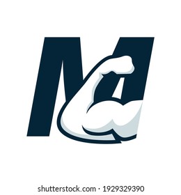 Plantilla de diseño de logotipo vectorial de fitness, diseño para gimnasio y vector de fitness, LETTER M + LOGO DE MANO FRESCA