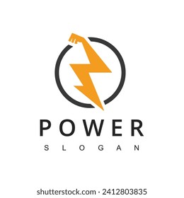 fitness vector logo design template, hand with bolt symbol design for gym, fitness and electric vector