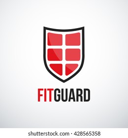 Fitness vector logo. Shield and human press. Concept of sport and healthy lifestyle. Logo for the gym and fitness courses.