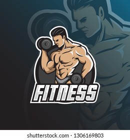 Fitness Vector Mascot Logo Design With Modern Illustration Concept Style For Badge, Emblem And Tshirt Printing. Fitness Illustration With Barbell In Hand.