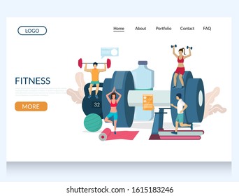 Fitness vector website template, web page and landing page design for website and mobile site development. Active healthy lifestyle, gym equipment, weight exercises.