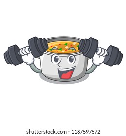 Fitness vegetable soup with pasta in pot cartoon
