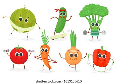 Fitness vegetables cartoon characters. Funny fruits do fitness exercises. Funny wellness vegetable set with laughing faces in sports exercise. Vector illustration