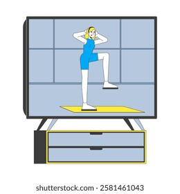 Fitness video on TV screen 2D cartoon object. Television pilates coach blonde woman in activewear performing exercise on mat isolated element flat vector clipart on white background. Spot illustration