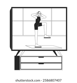 Fitness video on TV screen black and white 2D line object. Television pilates coach blonde woman in activewear performing exercise isolated clip art vector outline item. Monochrome spot illustration