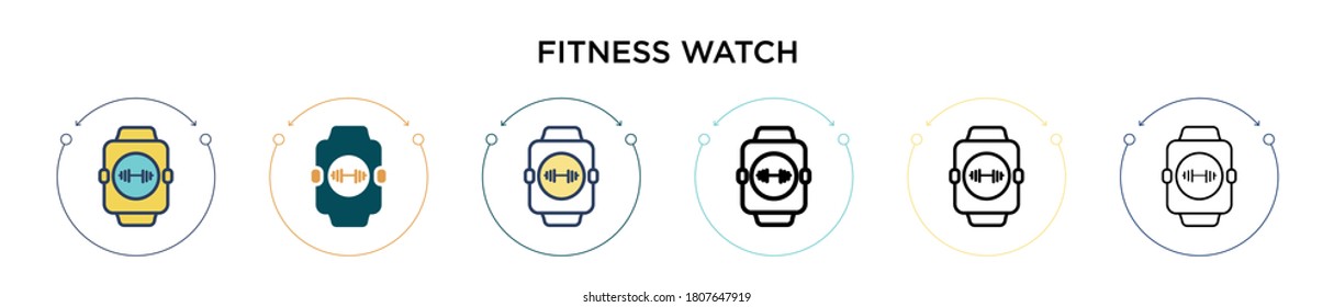 Fitness watch icon in filled, thin line, outline and stroke style. Vector illustration of two colored and black fitness watch vector icons designs can be used for mobile, ui, web
