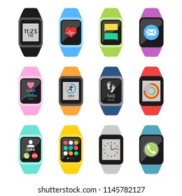 Fitness watches and trackers set. Vector illustrations.