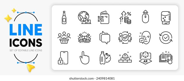 Fitness water, Hand click and Approved teamwork line icons set for app include Sports arena, Beer, Messenger outline thin icon. Face accepted, Qr code, Construction bricks pictogram icon. Vector