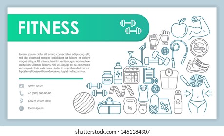 Fitness Web Banner, Business Card Vector Template. Gym Contact Page With Phone, Email Linear Icons. Healthy Lifestyle Presentation, Web Page Idea. Workout Center Corporate Print Design Layout