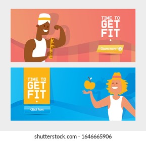 Fitness web banner design vector illustration, sport website template with men cartoon characters with apple and measure tape for gym landing page, mobile app. Healthy lifestyle quote time to get fit.