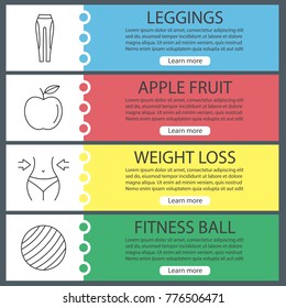 Fitness web banner templates set. Sport equipment. Leggings, apple, weight loss, fitball. Website color menu items with linear icons. Vector headers design concepts