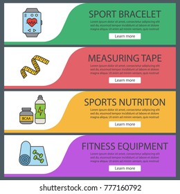 Fitness web banner templates set. Sport equipment. Bracelet, measuring tape, BCAA supplement, training mat. Website color menu items. Vector headers design concepts