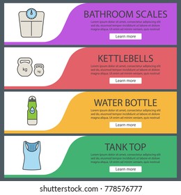 Fitness web banner templates set. Sport equipment. Bathroom scales, kettlebells, water bottle, tank top. Website color menu items. Vector headers design concepts