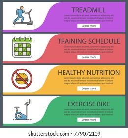 Fitness web banner templates set. Sport equipment. Treadmill, training schedule, healthy nutrition, exercise bike. Website color menu items. Vector headers design concepts