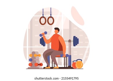 Fitness web concept in flat design. Man does exercises with dumbbells in gym with barbell and other equipment. Athlete engaged in bodybuilding and weightlifting. Vector illustration with people scene