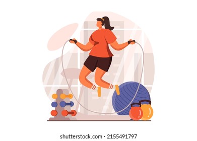 Fitness web concept in flat design. Woman in uniform does cardio workout and jumps on skipping rope in sports club. Sportswoman training and exercising in gym. Vector illustration with people scene