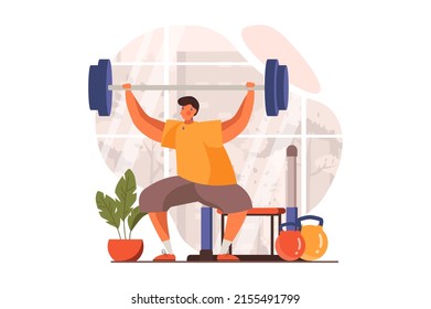 Fitness web concept in flat design. Man does strength exercises with barbell in gym and other equipment. Athlete is engaged in bodybuilding and weightlifting. Vector illustration with people scene