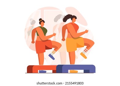 Fitness web concept in flat design. Women in sportswear do step aerobics and do cardio exercises with stepper platforms. Sportswomen training on equipment in gym. Vector illustration with people scene