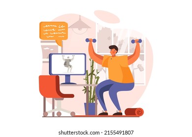 Fitness web concept in flat design. Man in sports uniform does strength exercises with dumbbell and exercising with video lesson. Sportswoman training at home. Vector illustration with people scene