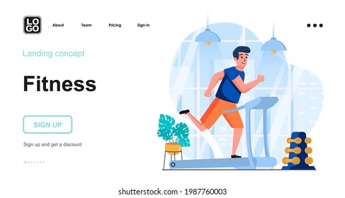 Fitness web concept. Man running on treadmill in gym. Sport exercising, cardio workout, training. Template of people scene. Vector illustration with character activities in flat design for website