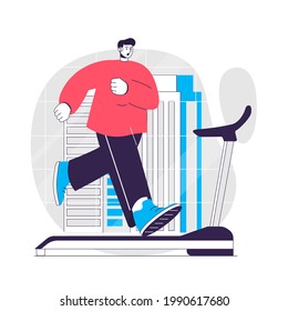 Concepto de web de fitness. Hombre corriendo en una cinta de correr, entrenamiento cardiovascular. Deportes de ejercicio en la escena de gimnasia. Diseño de caracteres planos para sitio web. Ilustración vectorial para materiales promocionales de medios sociales