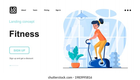 Fitness web concept. Woman exercising on sports machine in gym, doing cardio workout, training. Template of people scenes. Vector illustration with character activities in flat design for website