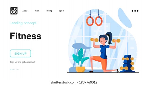 Fitness web concept. Woman is exercising with dumbbells in gym. Sport training, strength workout. Template of people scene. Vector illustration with character activities in flat design for website