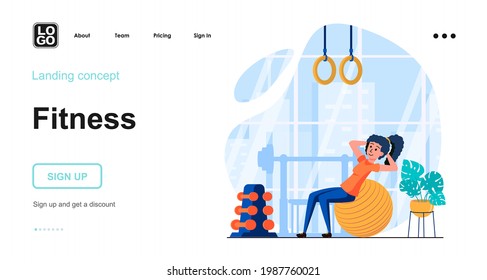 Fitness web concept. Woman is exercising with pilates ball in gym. Sport training, workout, wellness. Template of people scene. Vector illustration with character activities in flat design for website