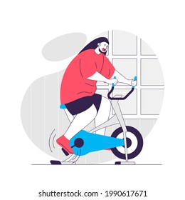 Fitness web concept. Woman exercising on stationary bike, workout at gym. Sport exercising people scene. Flat characters design for website. Vector illustration for social media promotional materials
