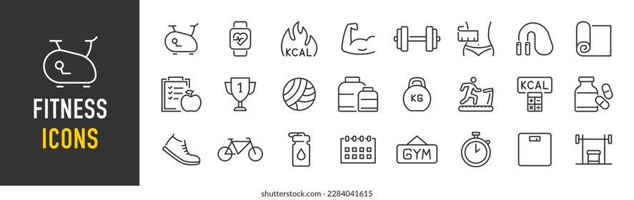 Fitness web icons in line style. Fitness, entertainment, healthy food, gym, training, workout, muscle, nutrition and dieting, collection. Vector illustration.