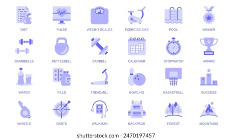 Fitness web icons set in duotone flat design. Pack pictograms with diet, pulse, weight scales, exercise bike, pool, winner, dumbbell, kettlebell, barbell, stopwatch, award, other. Vector illustration.