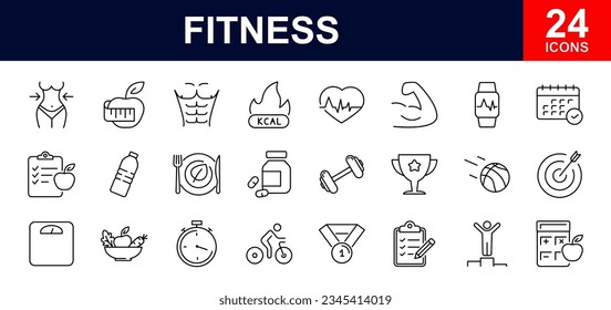 Fitness web icons set. Sport and fitness - simple thin line icons collection. Containing gym, healthy lifestyle, exercise, diet, weight training, body care, workout and more. Simple web icons set