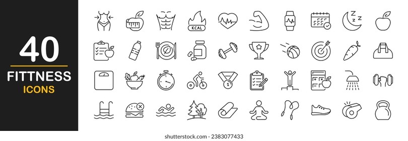 Fitness web icons set. Sport and fitness - simple thin line icons collection. Containing gym, healthy lifestyle, exercise, diet, weight training, body care, workout and more. Simple web icons set