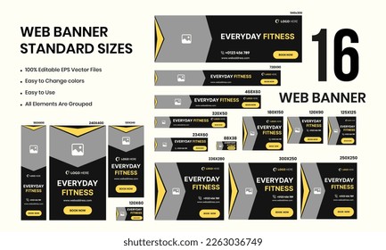 Fitness web set creative banner template design for social media posts, vertical and horizontal vector eps file